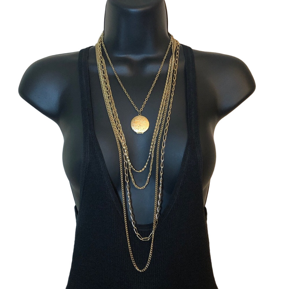 Vintage Citation Multi Layer Gold Tone Chain Necklace Locket Pendant Dressy Look - Picture 9 of 9